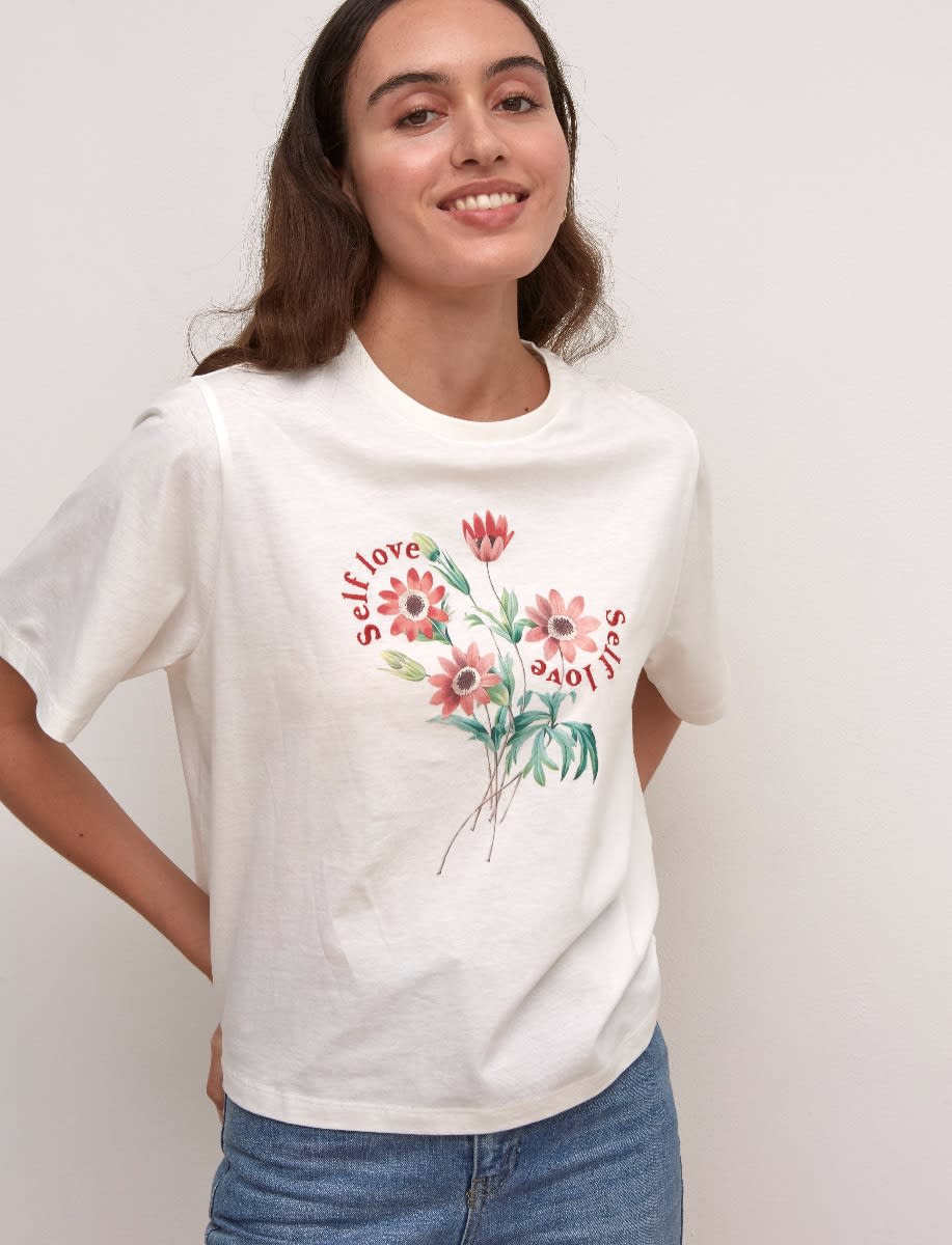 White Self Love Printed and Embroidered T-Shirt