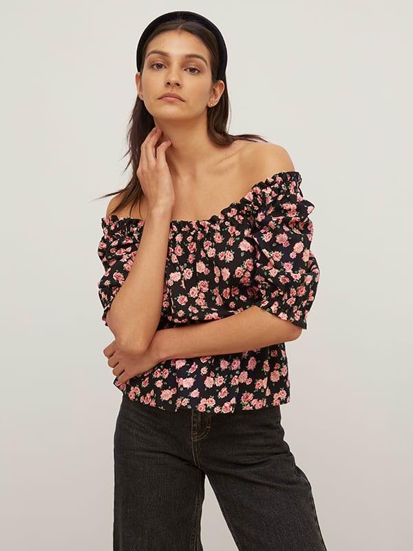 Lenzing EcoVero Black and Pink Floral Nellie Square Neck Puff Sleeve Top