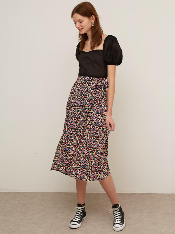 Black Floral Leona Wrap Midi Skirt