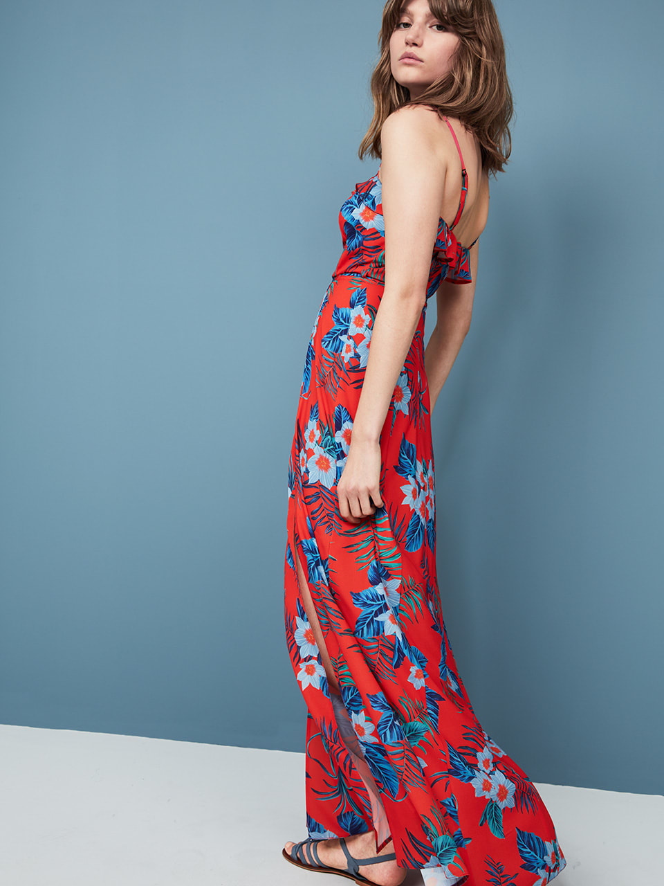 Red Tropical Frill Maxi Dress 