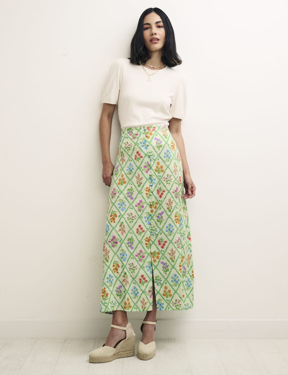 Green Floral Trellis Midi Skirt
