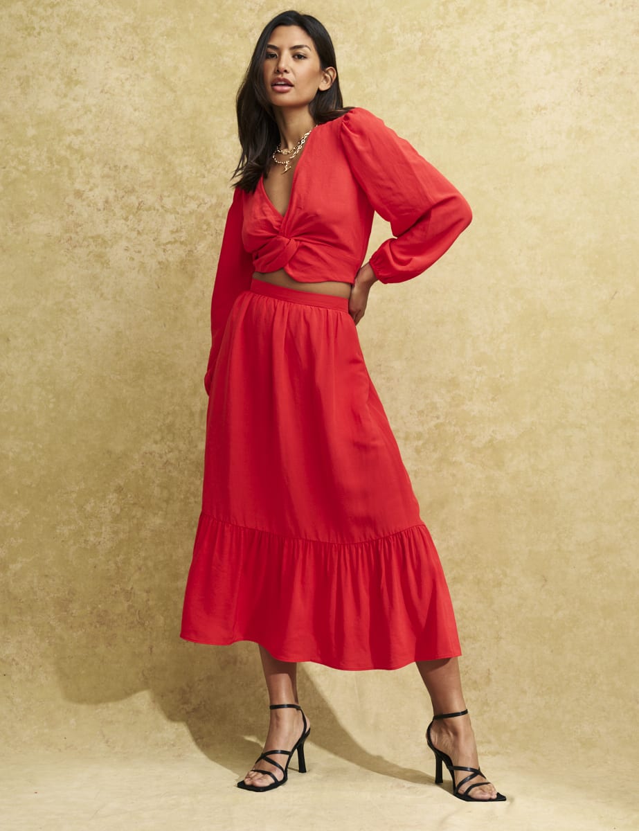 Red Linen-blend Bianca Midi Skirt