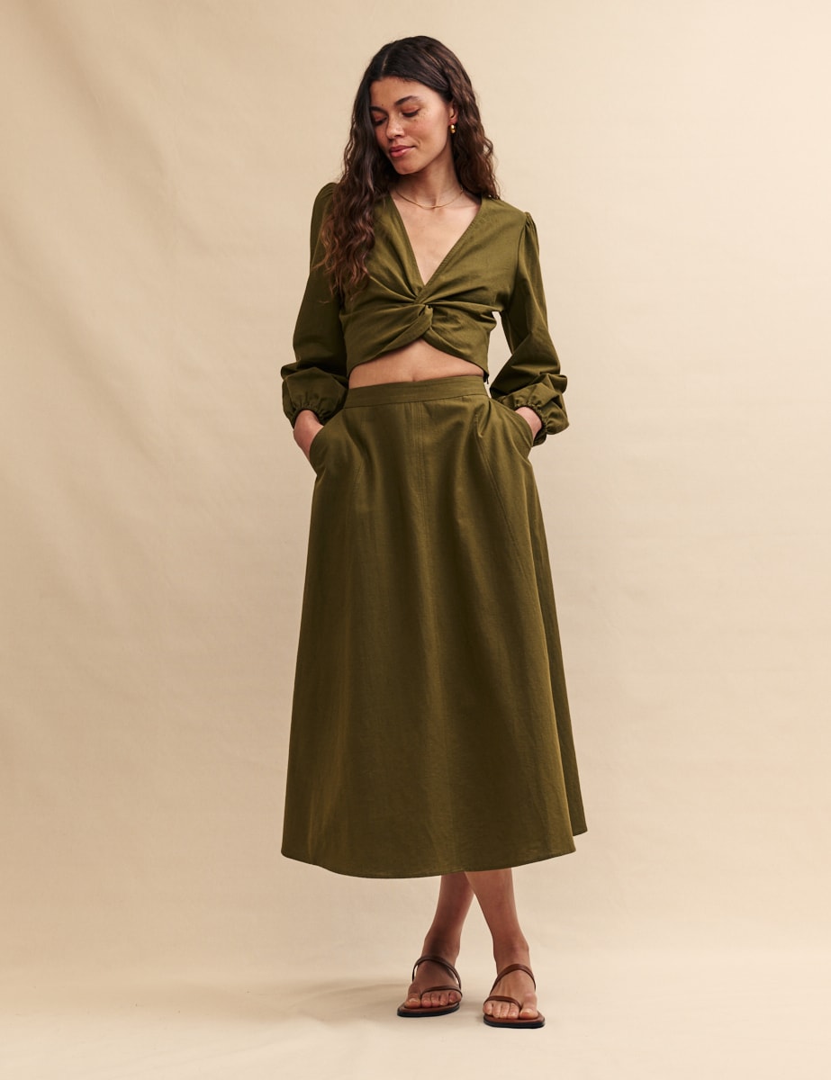 Khaki Linen-blend A Line Midi Skirt