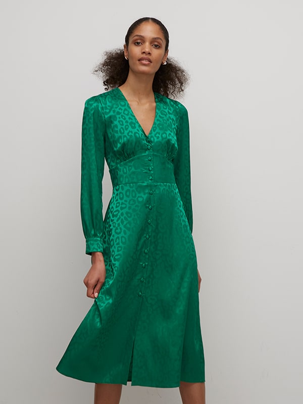 Green Animal Jacquard Satin Siri Midi Dress