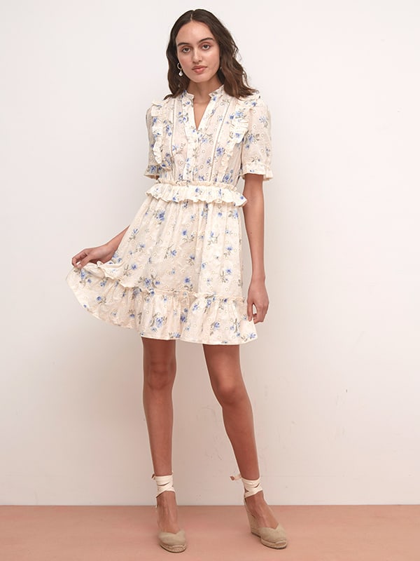 White and Blue Floral Tilly Broderie Mini Dress