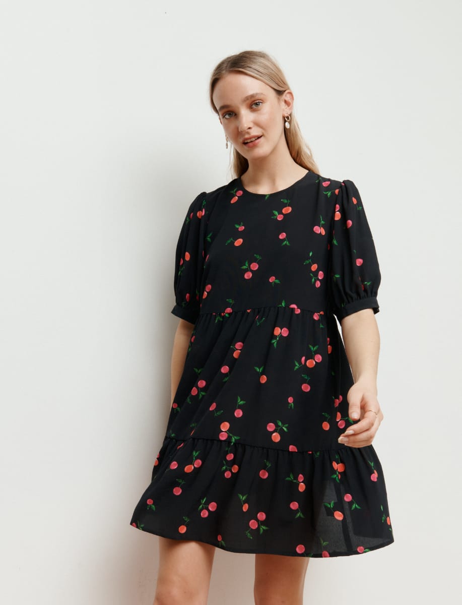 Lenzing Ecovero Black and Red Cherry Rochelle Smock Mini Dress | Nobody ...