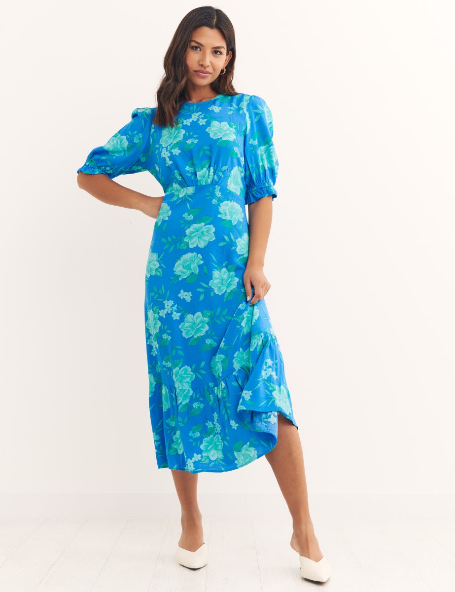 Blue and Green Ditsy Floral Short Sleeve Selena Midi Dress