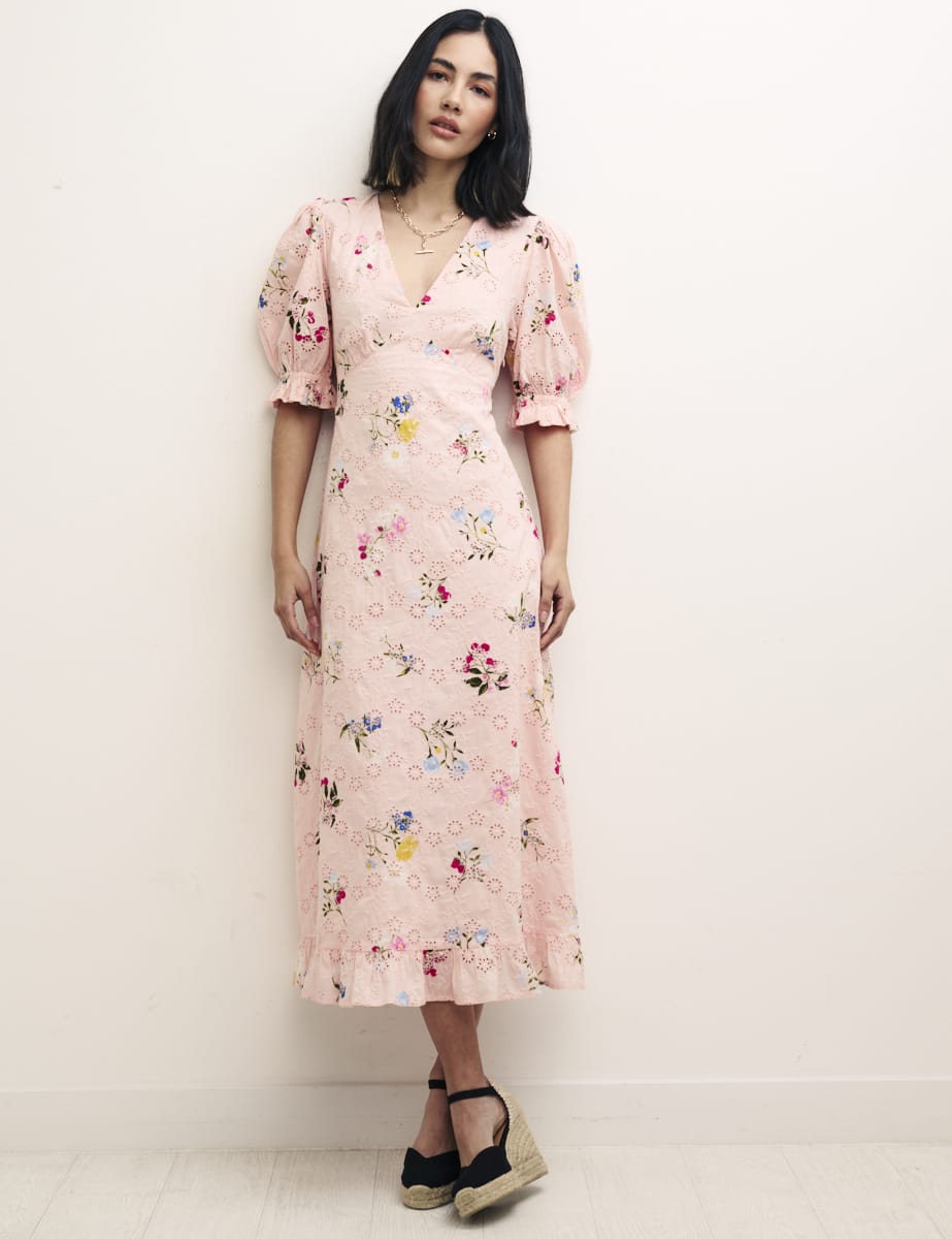 Pink Floral Demi Embroidery Midi Dress