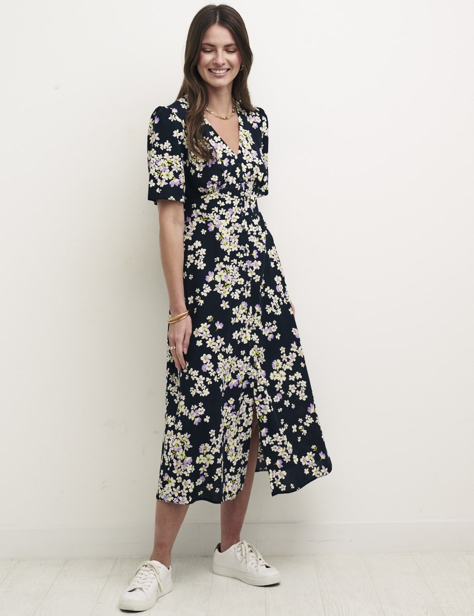 Black Floral Alexa Midi With Shirring Dress