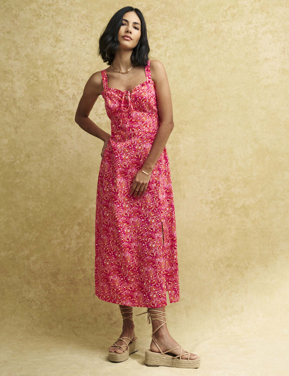 Pink Watercolour Ruffle Trim Lucia Midi Sun Dress