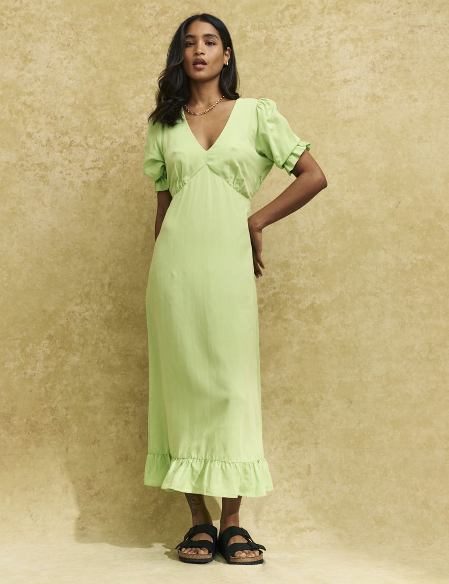 Green Linen-blend Delilah Midi Dress