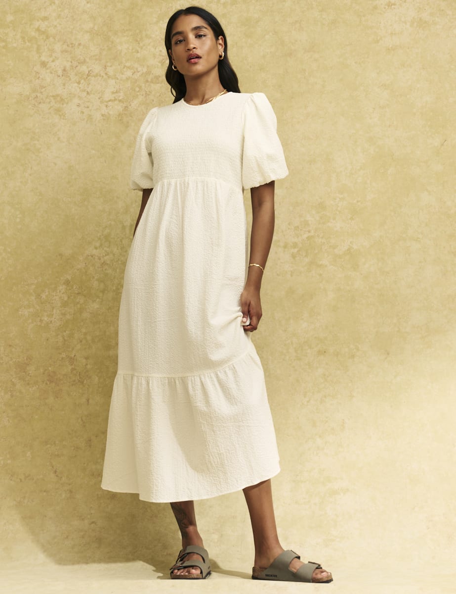 White Kelsie Smock Midi Dress