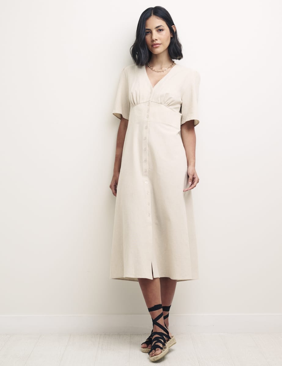 Cream Linen-blend Alexa Midi with Shirring Dress