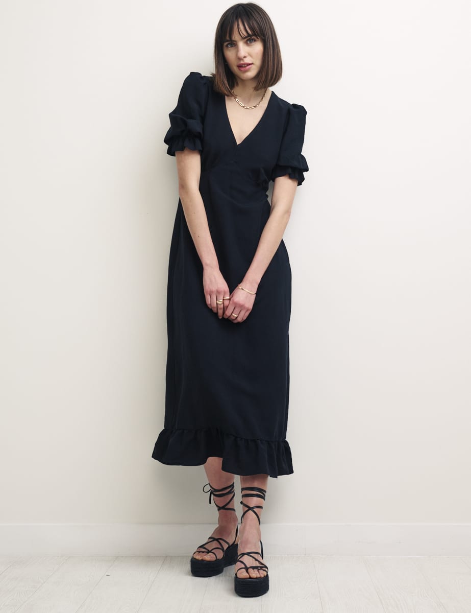 Black Linen-blend Puff Sleeve Delilah Midi Dress