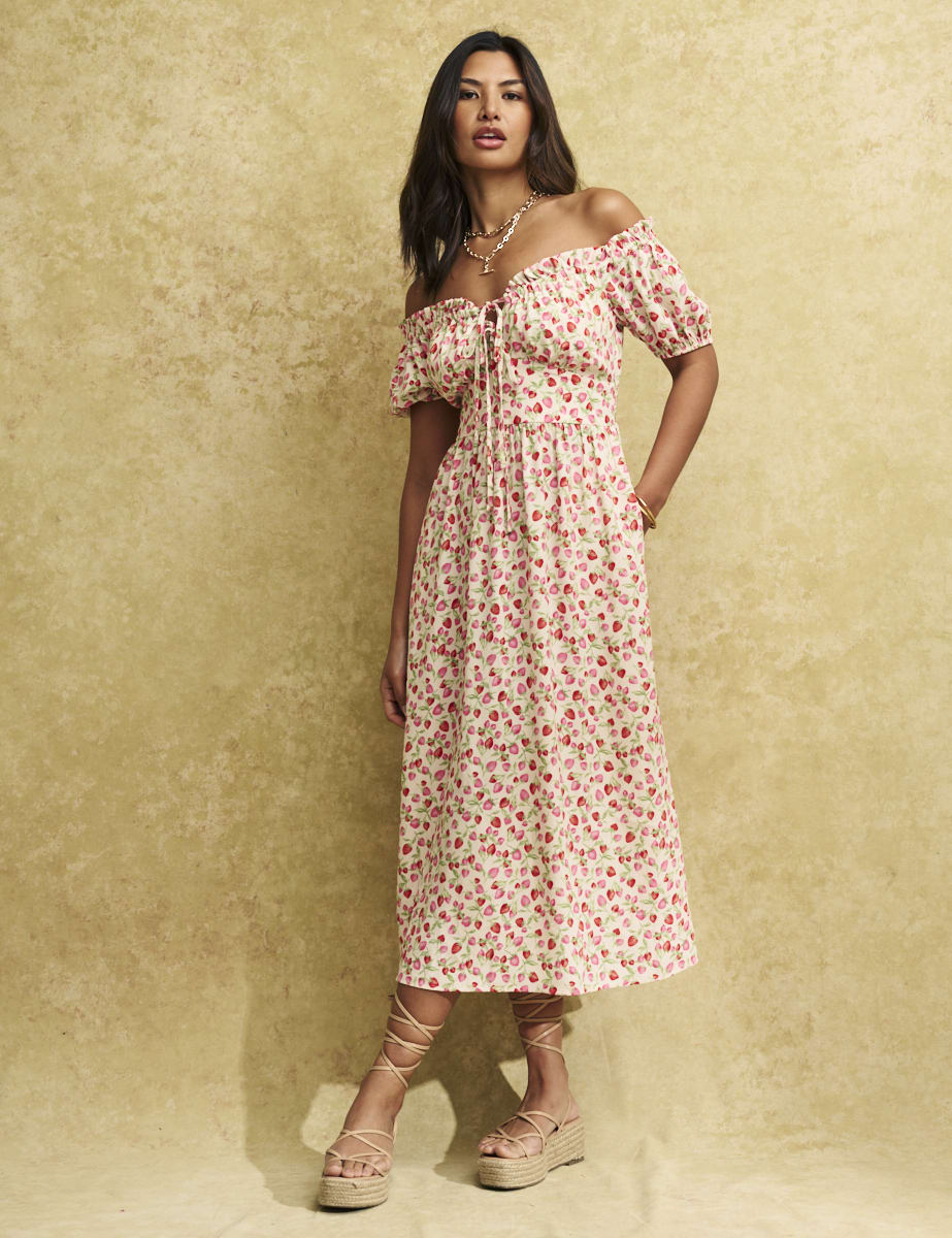White Strawberry Print Bardot Genevieve Midi Dress