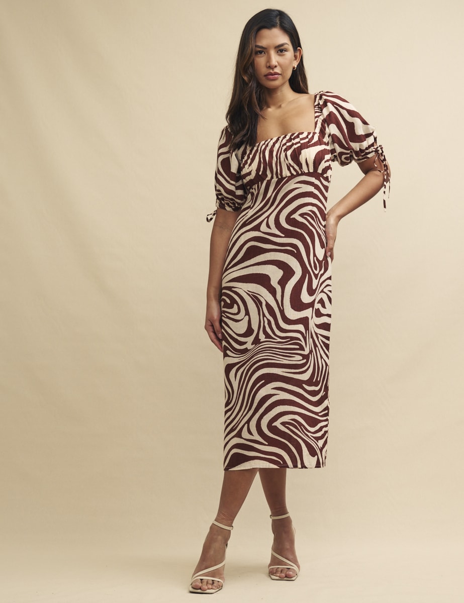 Brown Swirl Print Linen-blend Heidi Midi Dress