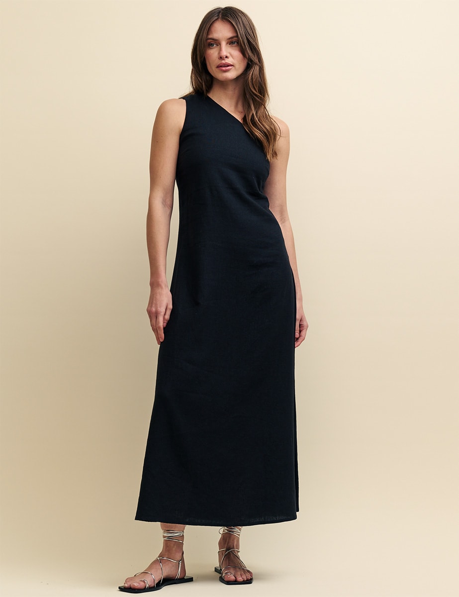 Asymmetric Black Linen-blend Corine Midi Dress