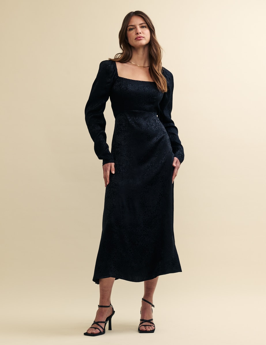 Black Satin Jacquard Abby Midi Dress