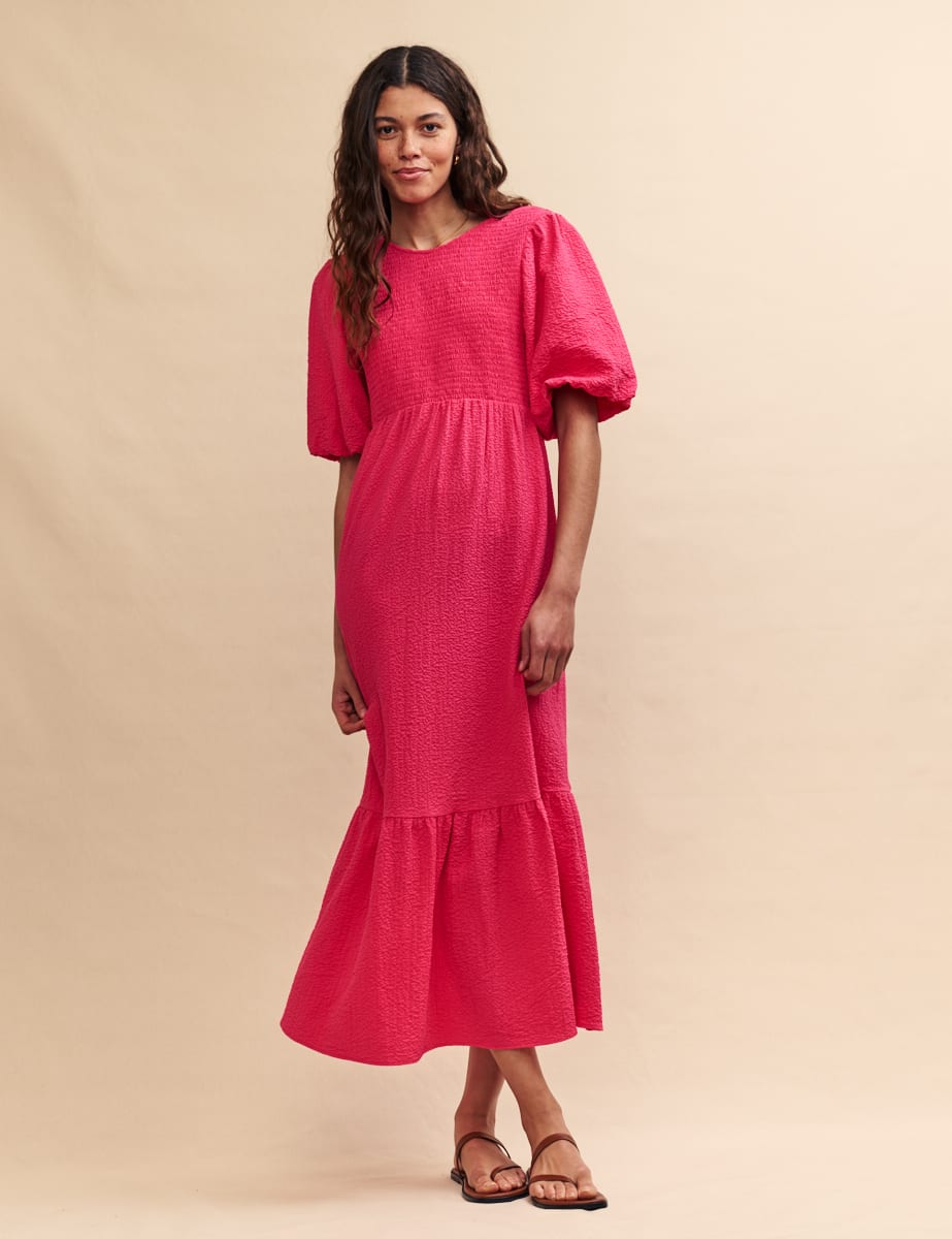 Pink Puff Sleeve Kelsie Midi Dress