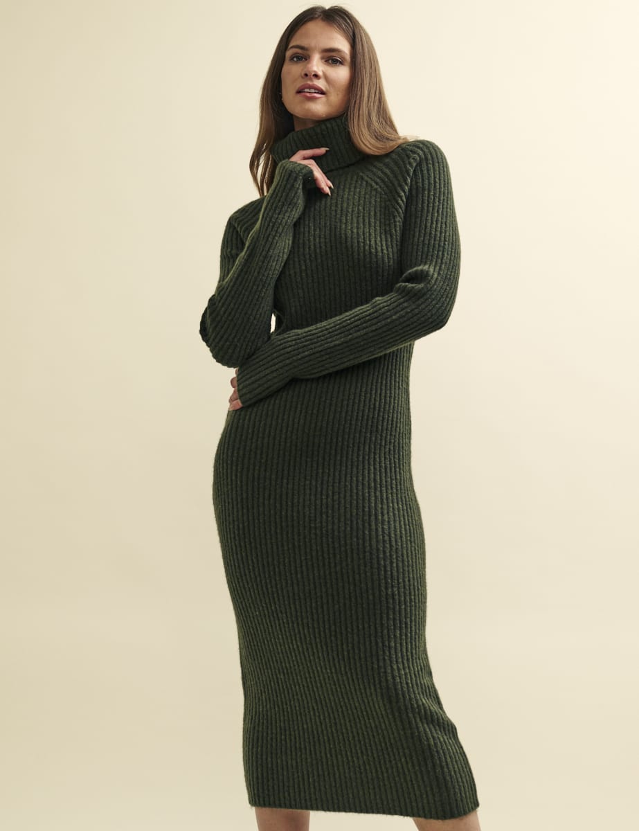 Khaki Green Roll Neck Knitted Midi Dress