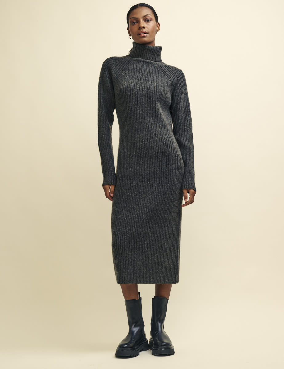Charcoal Grey Roll Neck Knitted Midi Dress