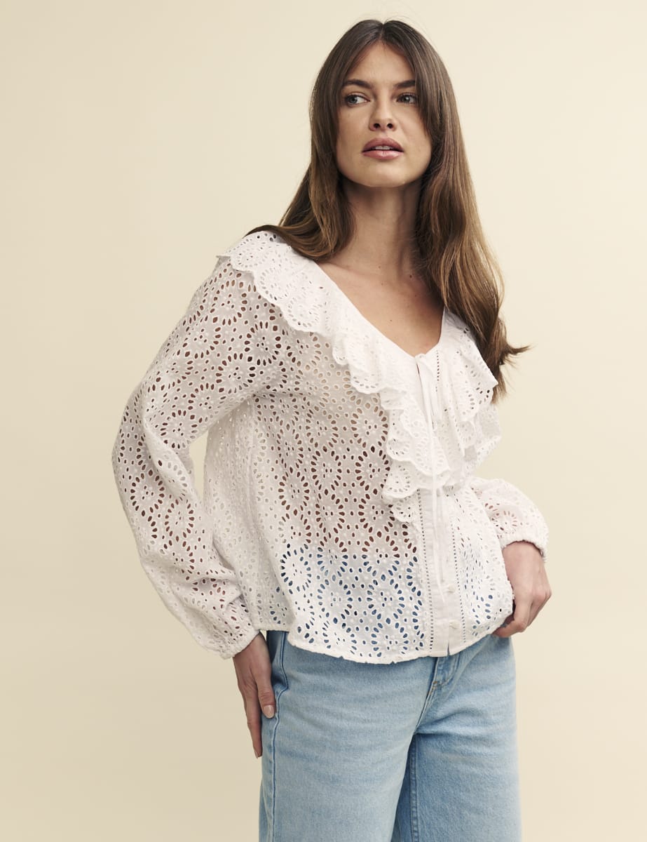 White Broderie Frill Collar Button-Up Blouse