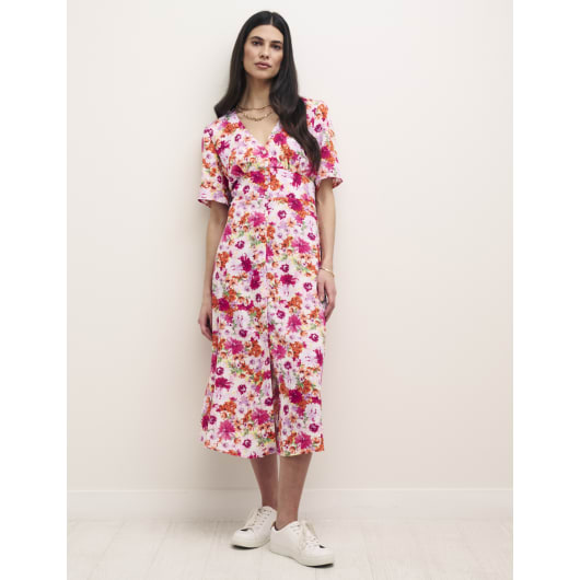 Pink Big Floral Alexa Midi with Shirring Tea Dress | Nobody's Child