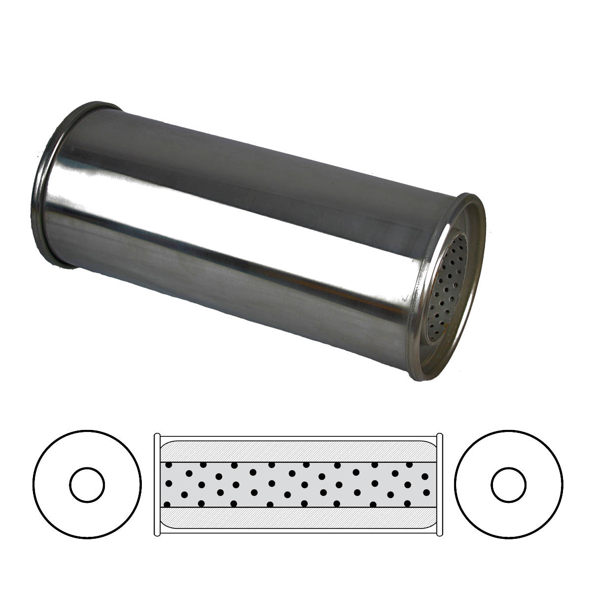 5" Round, 12" Long, 3", C/C, No Spigots, S/Thru, 409 Stainless