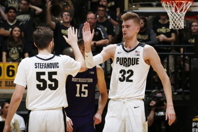 Purdue's Sasha Stefanovic and Matt Haarms