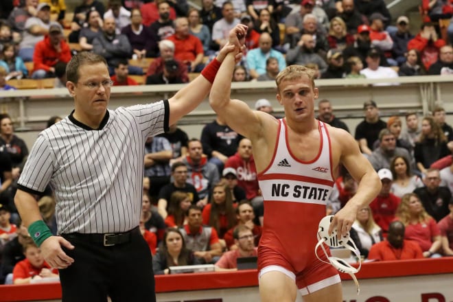 NC State Wolfpack wrestling star Hayden Hidlay gets his hand raised