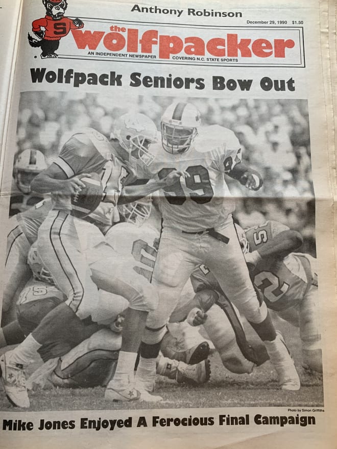 NC State Wolfpack football defensive lineman Mike Jones graced the cover of the December 29, 1990 issue of The Wolfpacker magazine.