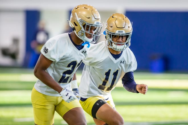 Notre Dame freshmen cornerbacks Caleb Offord (21) and Ramon Henderson (11) 