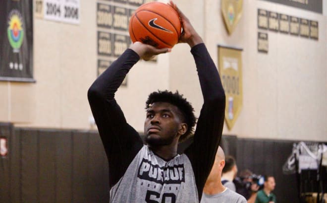 Purdue big man Trevion Williams shoots in practice.