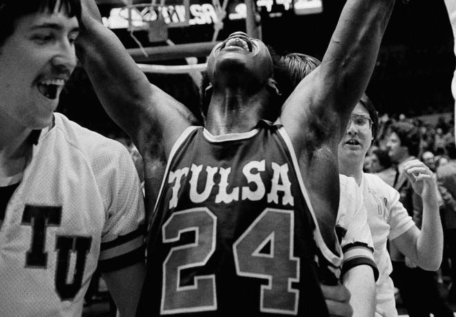 David Brown celebrates Tulsa's 1981 NIT Championship win over Syracuse.