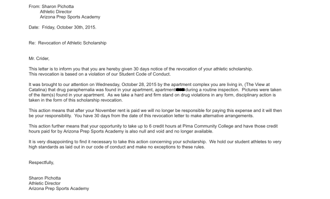 Sharon Pichotta's notice of Revocation of Athletic Scholarship to James Crider