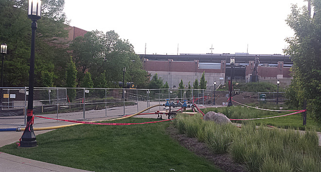 Site of the water main that broke, sending a deluge of water toward the Brees building to the left.