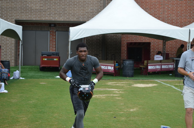 DB Daniel Wright prepares to participate in drills on Wednesday at Jimbo Fisher Camp.