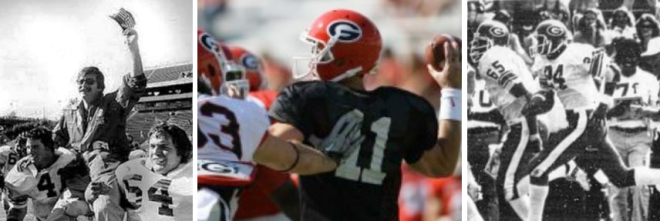 Top G-DAY performances include (L to R) LEWIS GRIZZARD as the Black's head coach in '78; the G-DAY-record 63 combined points scored in 2012; and LINDSAY SCOTT from 1979-1981 pictured here (with Nat Hudson blocking) in '79 returning a kickoff 100 yards for a touchdown.