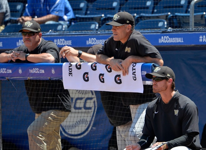 Wake Forest coach Tom Walter looks on during a 4-3 Wake winner over Duke in Durham