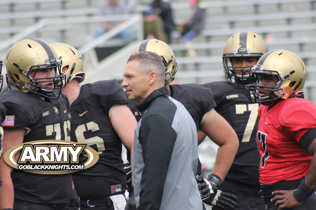 Army Head Coach Jeff Monken instructing the offense during Saturday's Spring Game
