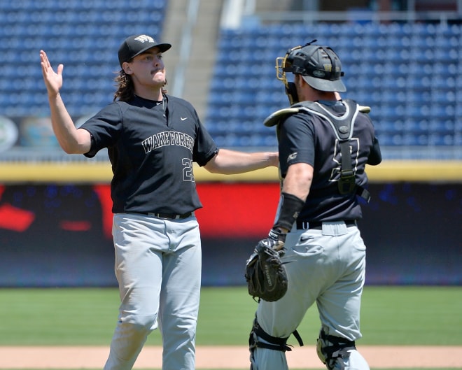 Wake Forest pitcher Will Craig celebrates as the Deacs hold on to a 4-3 win Tuesday over Duke