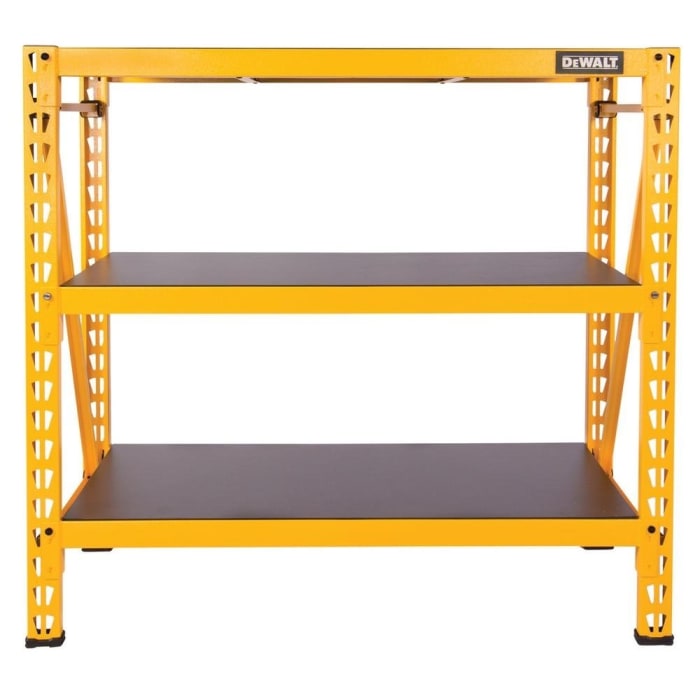 Dewalt 3 Shelf Steel Laminate Expandable Storage Rack Yellow Powder Coating Dewalt Garage Shelving Units Dxst4500 77 1000 002 Jpg