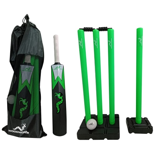 Woodworm Garden Boys Junior Cricket Set - Plastic Stumps, Bat and Ball, Green, Size 6