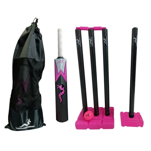 Woodworm Garden Girls Junior Cricket Set - Plastic Stumps, Bat and Ball, Pink, Size 3
