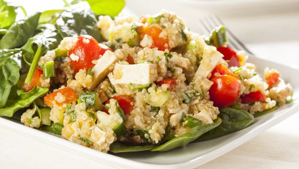 Organic Vegan Quinoa with vegetables like tomato, tofu, and cucumber