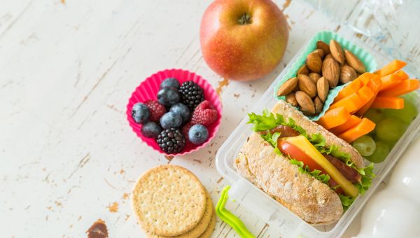 lunch, sandwich, carrot sticks, apple, almonds