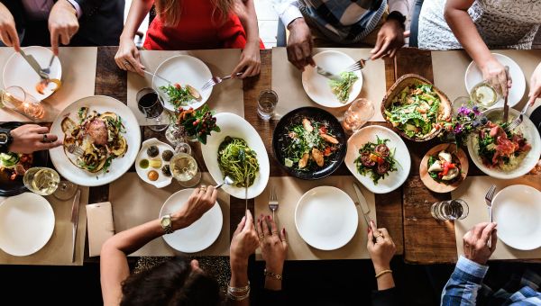 feast, gathering, dishes, pasta, salad