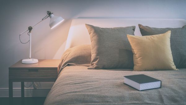 bed, lamp, book, pillows, bedroom