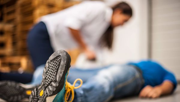 man lying down, emergency, woman leaning over man, shoes