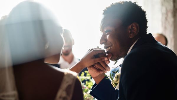 married couple, man kissing wife's hand, wedding day